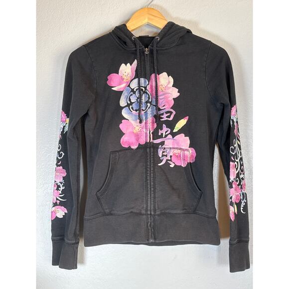 Lucky Brand Tops - Y2K Lucky Brand Asian Floral Full Zip Hoodie Small Grunge Cherry Blossoms Black